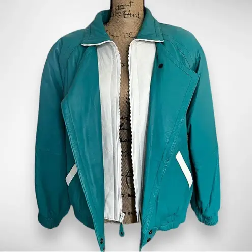 OVERLAND OUTFITTERS Rare Vintage Teal And White Leather Bomber Jacket Small EUC‎