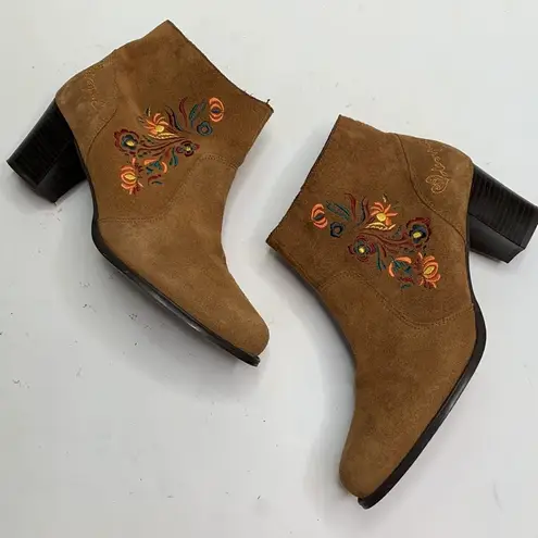 Desigual Suede Leather Ankle Floral Embroidered Boho Boots Booties S-165 Sz 8