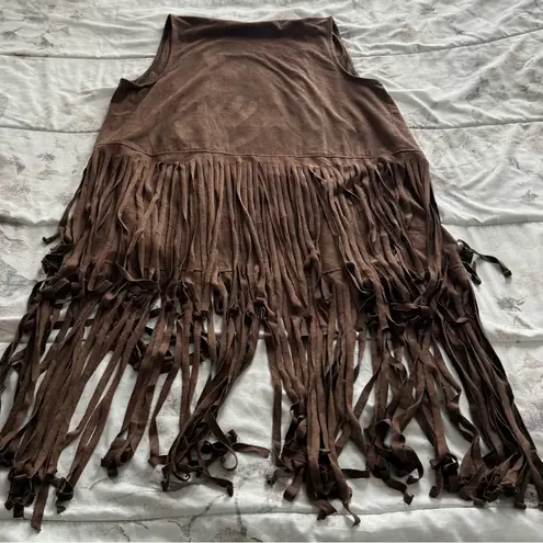 Penelope Brown vegan suede Fringe tassel Sleeveless Vest cardigan, size L boho Size L