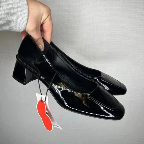 Cider Black Patent Leather Square Toe Slingback Block Heel Shoes Size 41