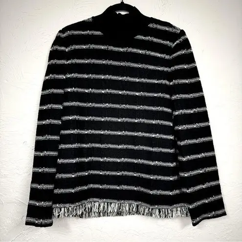 Ming Wang Black White Chunky Knit Sweater Womens M Fringe Preppy Pullover Mock