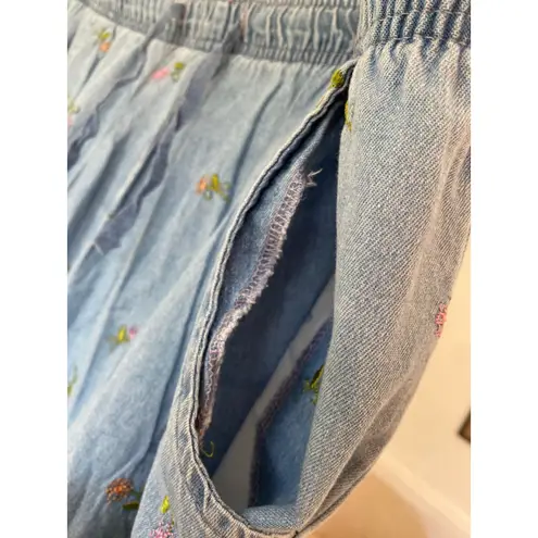 Basic Editions Floral Embroidered Chambray Denim Pants L Cottagecore Boho Lounge Blue Size 2X - Image 4
