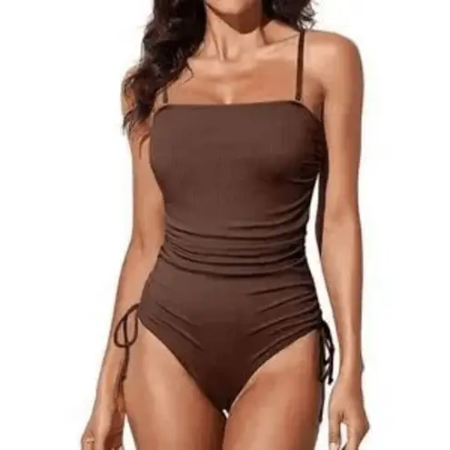 Women's Brown Ribbed One Piece Ruched Side Tie Swimsuit Med NWOT Size L
