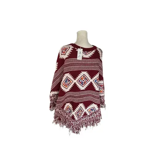 Boho Fringe Hem Poncho Sweater Tribal Aztec Geometric Print Maroon & White Sz S