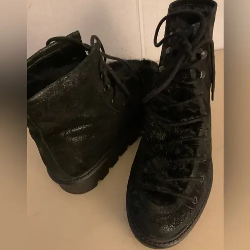 Seychelles women black metallic leather faux fur lace up combat boots size 6