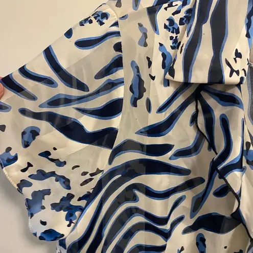 Naomi Womens Sheer Button Down Blouse XL 42” Blue White Print Ruffles Beach