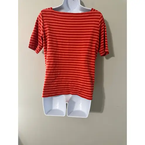 LLBean Women Striped Boat Neck Short Sleeve Top Coral Red Size M REG Size M
