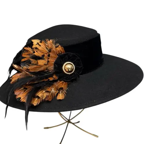 Vintage Black Feather Embellished Wide Brim Hat Small