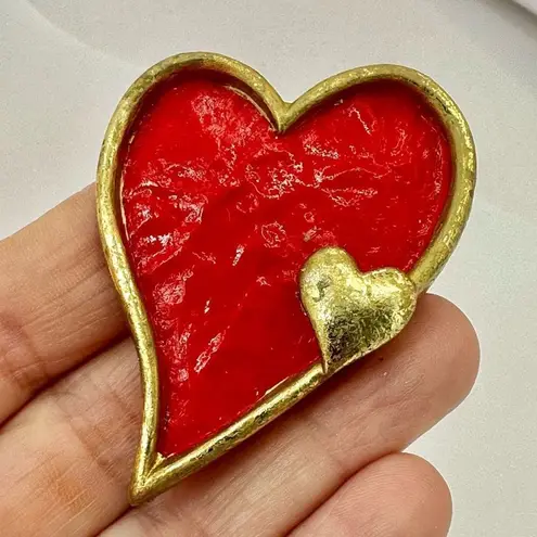 Vintage double heart hand painted pin Red