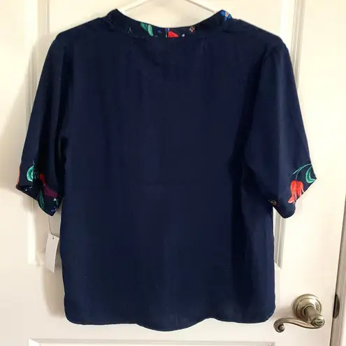 Room Service Floral Trim Button Pajama Top in Navy Blue