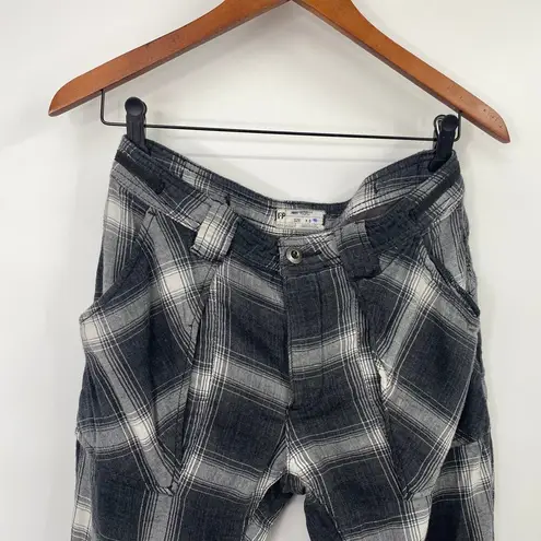 Free People  Slouchy Plaid Utility Pants Cropped Cuffed Hem Monocromatic Gray 0