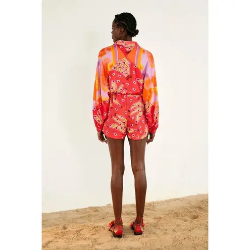 Farm Rio ππ Red Tiki Bananas Scarf Sleeve Romper ~ Tie Dye Cashew Small S NWT