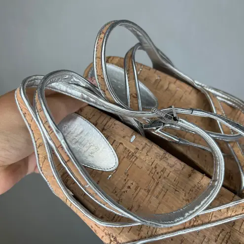 Schutz Silver Cork Toe Ring Thong Sandal Adjustable Ankle Strap Women's 6B