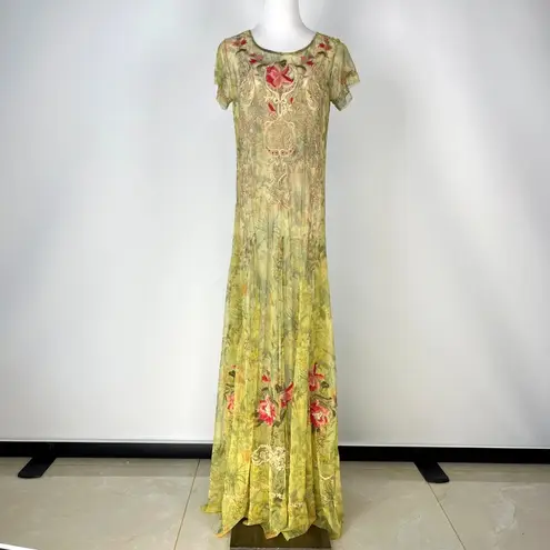 Johnny Was NWOT Arisoe Floral Mesh Embroidered Maxi Dress Green Orange Size S