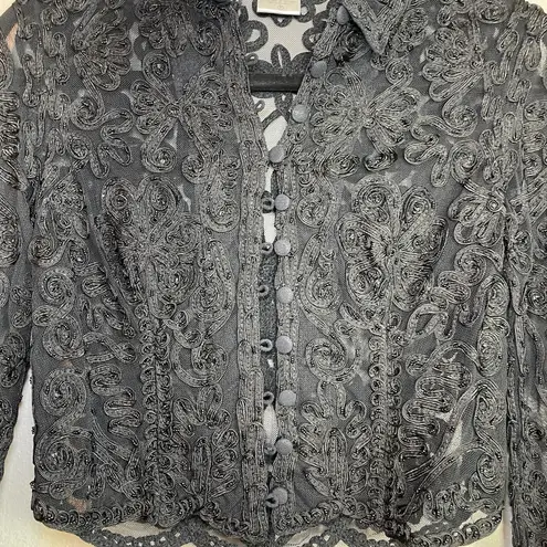 Cache Vintage  Women Medium Crop Lace Mesh Ribbon Long Sleeve Beaded Top Buttons