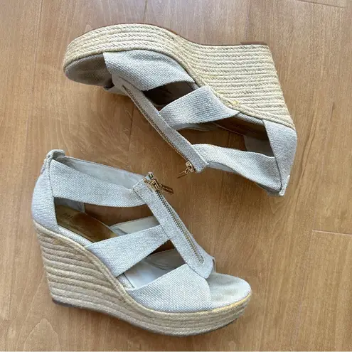 Michael Kors  Women's Wedge Espadrille Sandals, Gold Zippered/Beige, Size 9.5