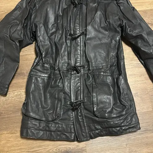 Vtg IOU leather toggle zipper black leather jacket size 6 bikercore fall mobwife