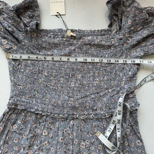 Prómesa PROMESA NWT Floral Light Blue Gray boho smocked ruffle dress L bell sleeves