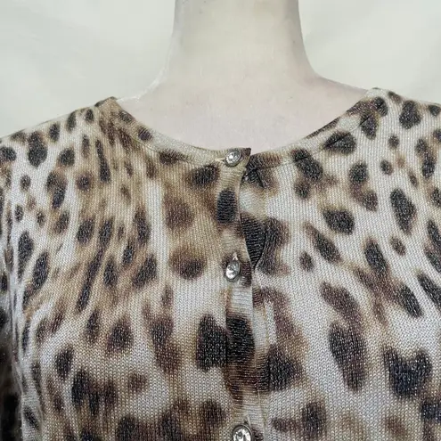 Joseph A Leopard Glitter Cardigan Womens Sweater Sz L Y2K Crystal Bling Glam