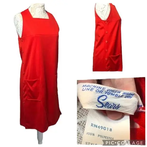 Vintage SEARS 1970 jumper dress with pockets and buttons downside in red size 12
