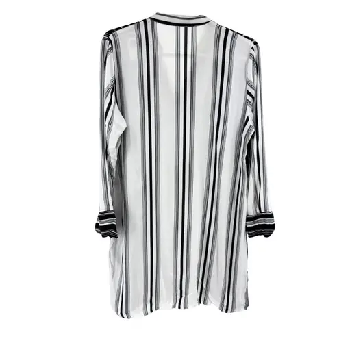 Embroidered tunic Black and White Striped Blouse Red rose Accent button up Size L