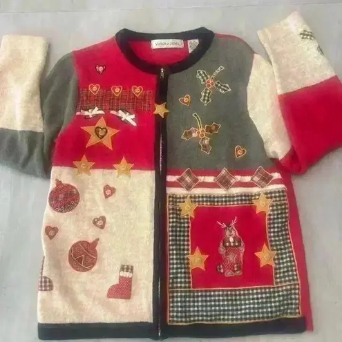 Vintage Christmas Embroidered Sweater Patchwork Medium Ugly Christmas Sweat Red