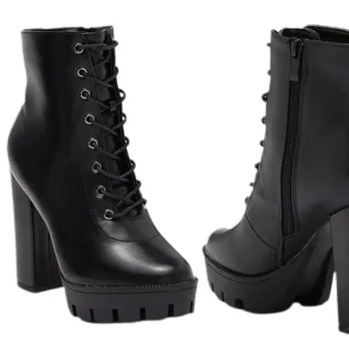 Top Moda TOP GUY Lug Sole Block Heel Lace Up Boot PU Black Sold Out NEW In Box