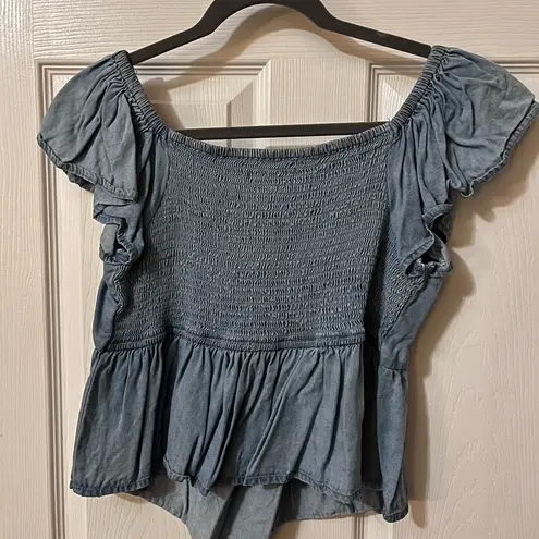 Women's Denim Blue Ruched Blouse from Lone Star Size L