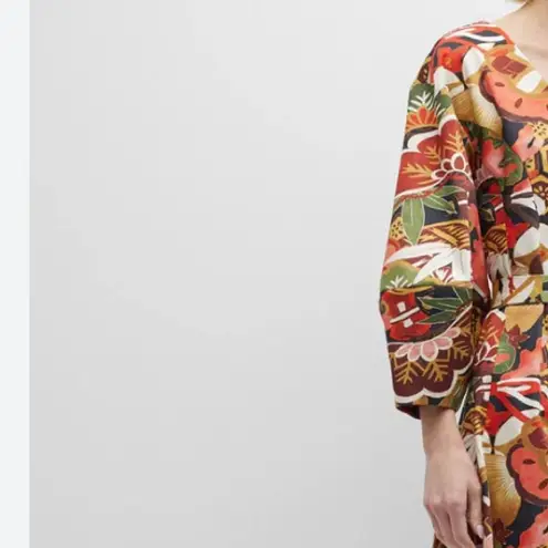 Natori Ikebana 3/4 sleeve fall colors floral midi dress. Brown, mustard, green 4