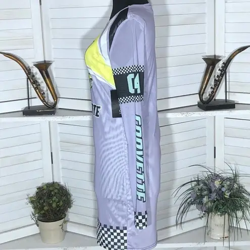 General Motors Bodycon Mini Dress Corvette Graphic Long Sleeves Mesh Purple sz M