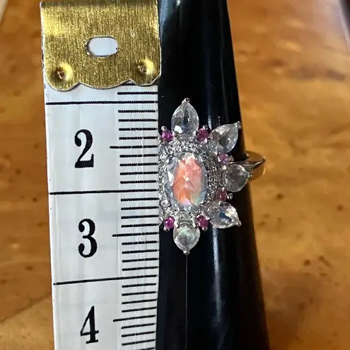 Rainbow Moonstone Pink Sapphire Sterling Silver Cocktail Ring Size 6