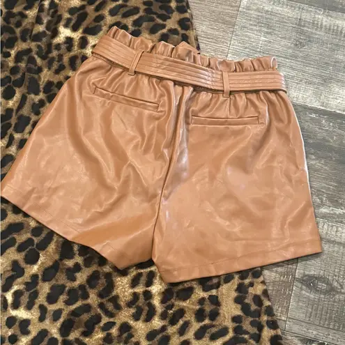 Chocolate pleated high waist belted faux leather shorts size L Tan Size L