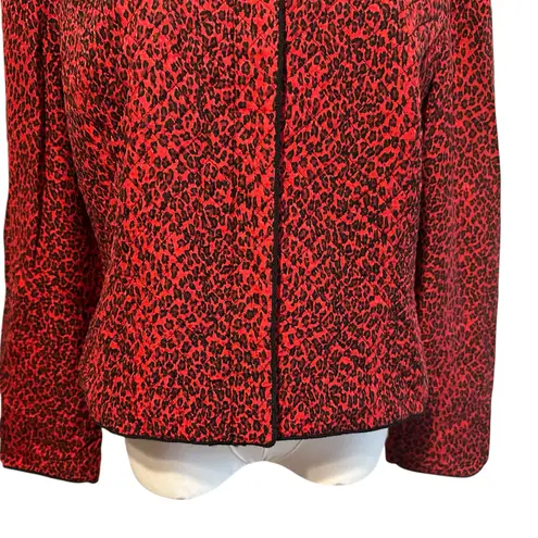 Vtg 80's Maggy London 100% Silk Jacket Womens Sz 14P Red Black Leopard Coat