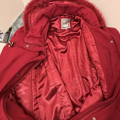 Women’s Red Wool Blend Hooded Winter Coat Faux Fur Trim Size 3XL