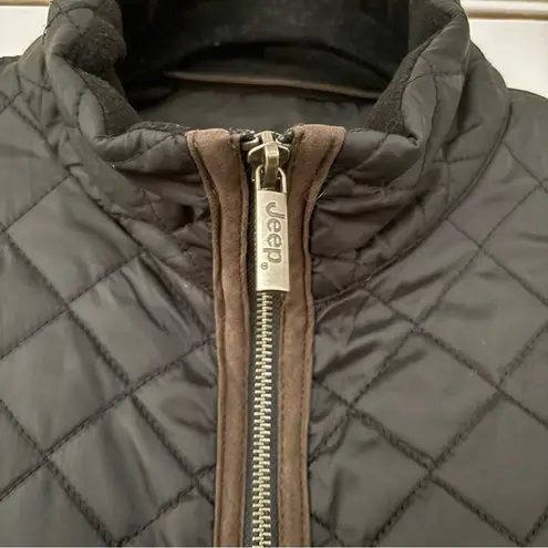 Jeep Black Quilted Puffy Vest Brown Trim Women's Size XL Gorpcore Outdoor Layer