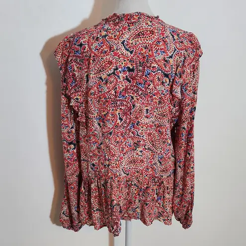 Red Floral Boho Blouse Size Large Democracy Floral Pintuck Ruffled Top