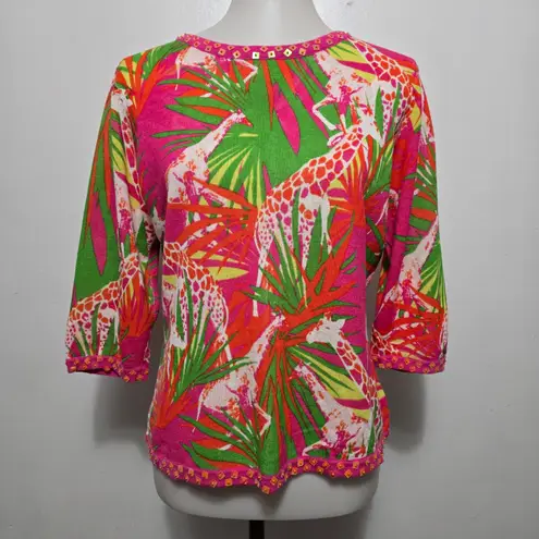 BELLEPOINTE Women's Giraffe Tropical Print 3/4 Sleeve Sweater Top M Pink Size M