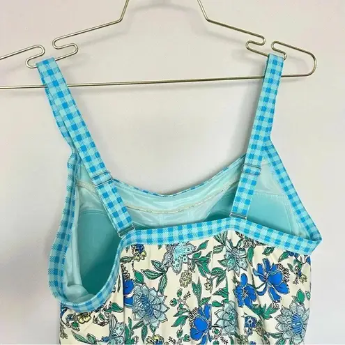 Lands' End Tankini Top Size 12 DD Blouson Lotus Floral/Gingham Swimsuit Blue