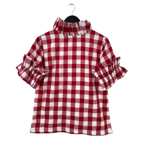 Elizabeth Wilson Small Red Gingham Plaid Ruffle Blouse Preppy Casual