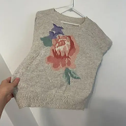 VINTAGE KORET Cream Beige Floral Short Dolman Sleeve Linen Cotton Sweater PETITE Pink Size undefined