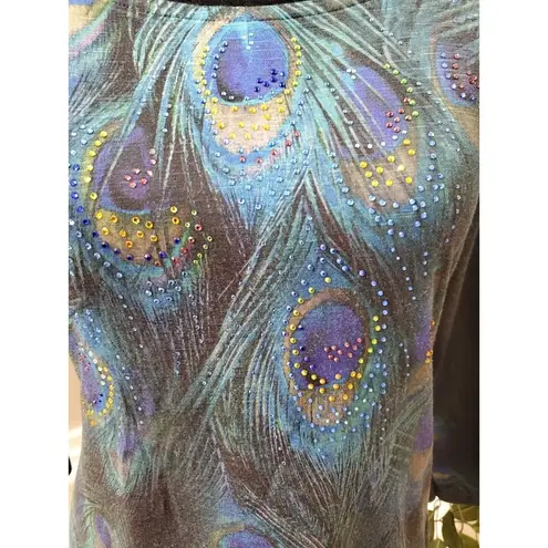 indigo. Soul Women's Multicolor Peacock Round Neck Long Sleeve Top Blouse Small