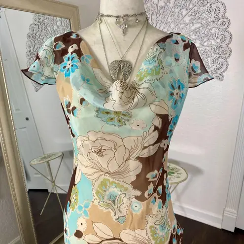 B. Smart Early 2000's Tan Cream Teal Blue Frilly Ruffle Asymmetric Midi Dress S