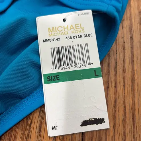 Michael Kors Logo Solid Clean Hipster Bikini Bottoms Cyan Blue Size Large NWT