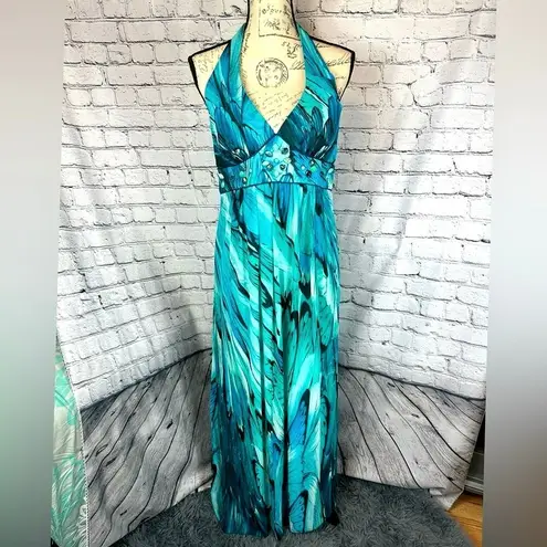 Bisou Bisou Halter Top Teal Blue Waterfall Gown - Size 14