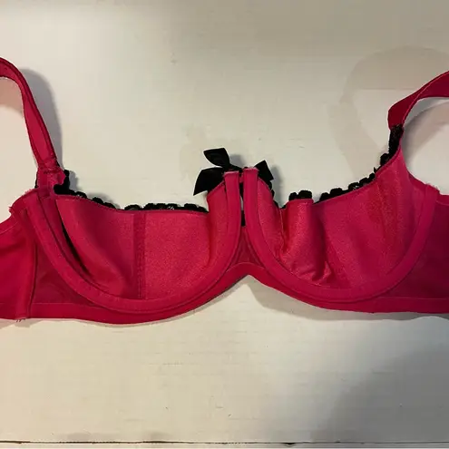 Cacique Bra Hot Pink w/ Black Lace & Bows Balconette Bra Sz 42D EUC Valentines!