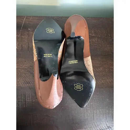 Vintage Fredrico Amanda Leather Brown & Turquoise D'Orsay Kitten Heels Size 7.5