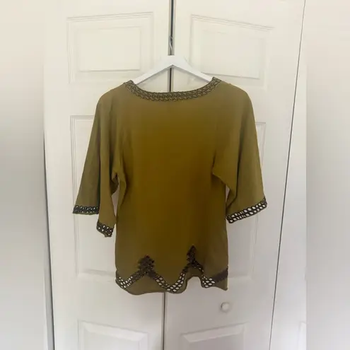 Vertigo Paris Bell Sleeve Babydoll Eyelet Top Olive Green Black Blouse Size S/M