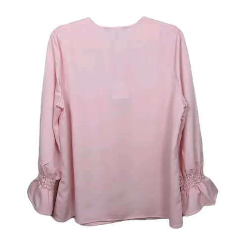 Ming Wang Light Pink Blouse Keyhole Neck Ruched Bell Sleeves Women's Medium
