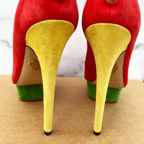 Charlotte Olympia Bella red yellow green suede colorblock mid-calf boots size 35