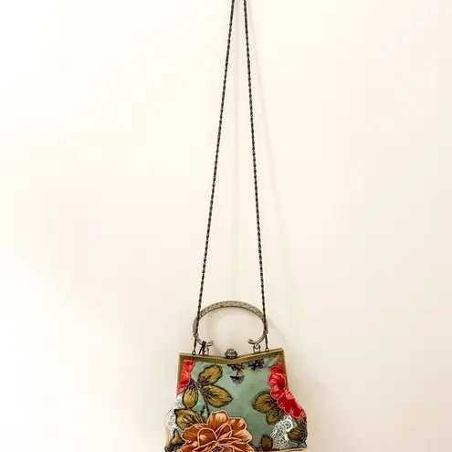 Max Mayer Vintage Floral Beaded Victorian Bag Handbag Purse Sage green Pink